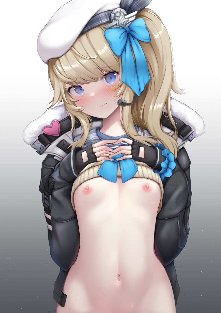 1girl bangs beret blonde_hair blue_bow blue_eyes blue_neckerchief blush bow breast_suppress breasts cardigan cardigan_lift commission eyebrows_visible_through_hair fingerless_gloves girls'_frontline girls'_frontline_2:_exilium gloves gradient gradient_background hat heart_stickers highres looking_at_viewer medium_hair microphone navel neckerchief nipples no_bra scrunchie side_ponytail sidelocks skeb_commission sleeves_past_wrists small_breasts solo speech_bubble spoken_blush sweatdrop upper_body vepley_(girls'_frontline_2) wrist_scrunchie yaosera