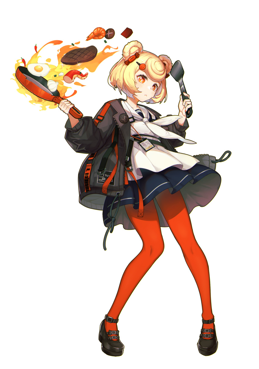 1girl animal_ears arknights azema bangs bear_ears black_footwear black_jacket blonde_hair blue_skirt candy_hair_ornament commentary egg fire food food-themed_hair_ornament frying_pan full_body garlic gummy_(arknights) hair_ornament highres holding holding_frying_pan jacket long_sleeves mary_janes miniskirt octopus open_clothes open_jacket orange_eyes orange_legwear pantyhose shirt shoes short_hair shrimp simple_background skirt solo spatula standing steak sunny_side_up_egg white_background white_shirt