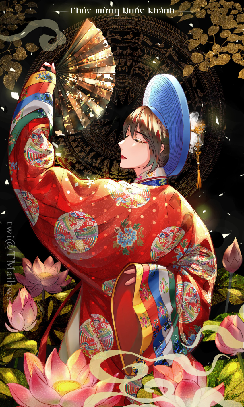 1girl absurdres ao_nhat_binh arm_up arms_behind_back axis_powers_hetalia blue_headwear brown_hair closed_eyes dress floral_print flower folding_fan from_side hand_fan highres holding holding_fan khan_van long_sleeves lotus profile red_dress short_hair solo tassel tmaihws twitter_username vietnam_(hetalia) vietnamese_text wide_sleeves