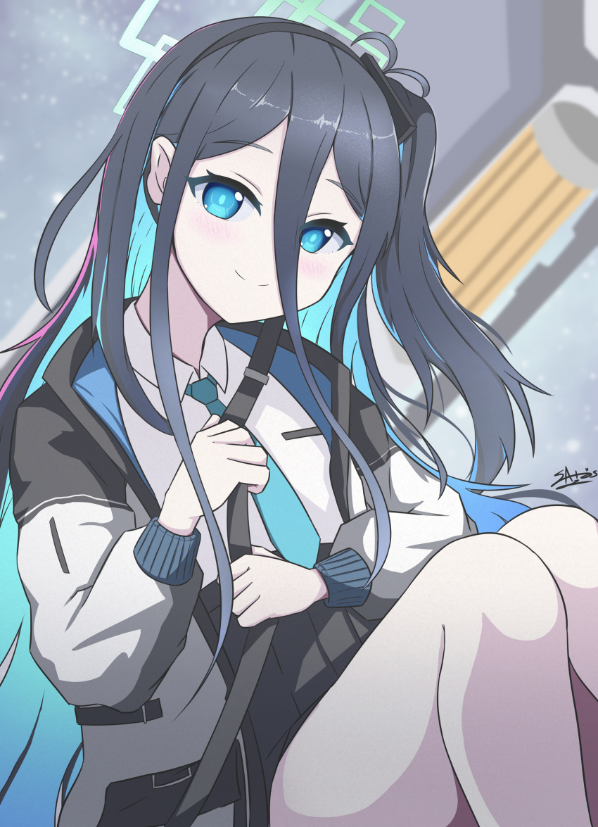 1girl absurdres arisu_(blue_archive) bangs black_hair black_skirt blue_archive blue_eyes blue_hair blue_necktie blush closed_mouth collared_shirt commentary_request eyebrows_visible_through_hair feet_out_of_frame hair_between_eyes halo highres holding_strap jacket knees_up long_hair looking_at_viewer multicolored_hair necktie one_side_up open_clothes open_jacket pleated_skirt sato_art shirt signature skirt smile solo two-tone_hair very_long_hair white_jacket white_shirt