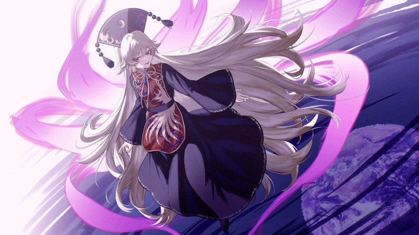 1girl aura bangs belt black_dress black_headwear blonde_hair bow bowtie breasts brown_belt chinese_clothes closed_mouth crescent dress duplicate earth_(planet) energy full_body hat highres junko_(touhou) large_breasts long_hair long_sleeves looking_at_viewer mo_(mokatampe) moon phoenix_crown planet pom_pom_(clothes) red_eyes reflection ripples solo tabard touhou vest walking walking_on_liquid wavy_hair white_background wide_sleeves yellow_bow yellow_bowtie