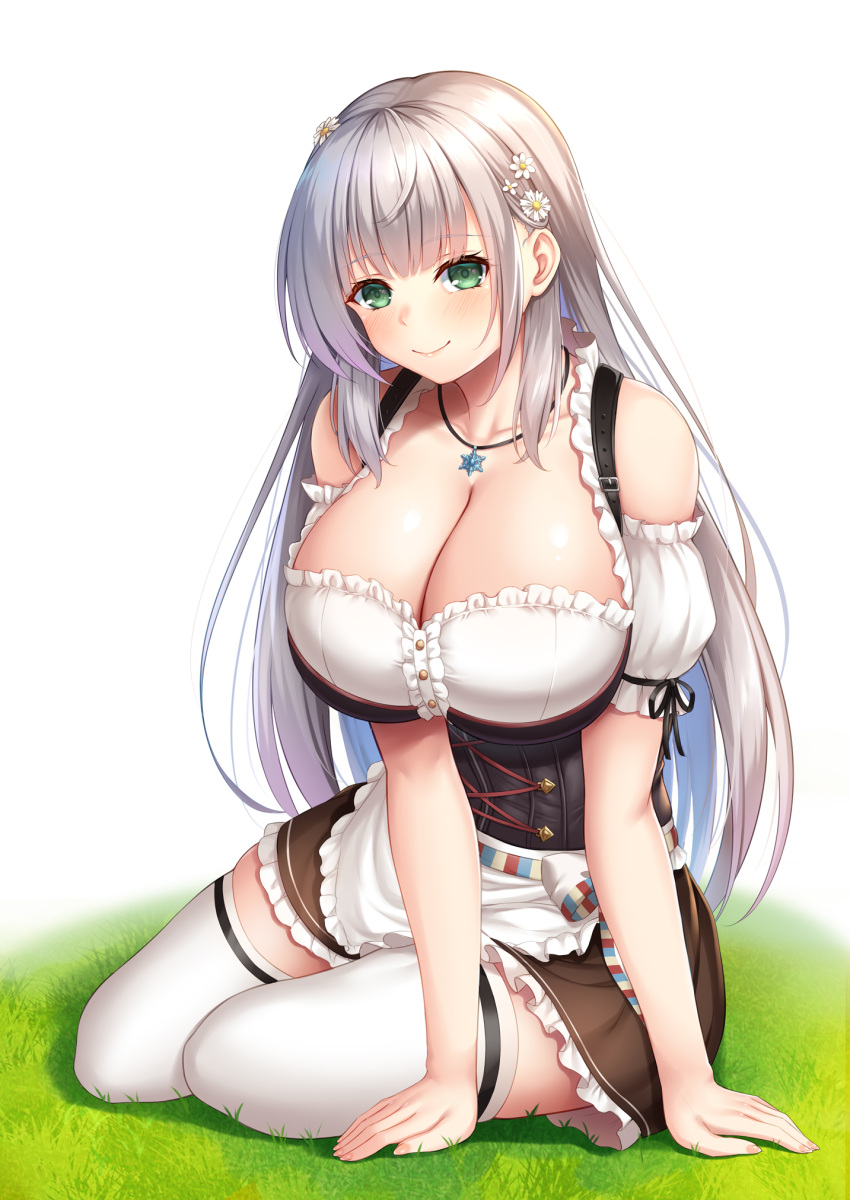 1girl apron bangs bare_shoulders blunt_bangs breasts cleavage closed_mouth cloud commentary detached_sleeves dirndl eyebrows_visible_through_hair flower german_clothes grass hair_flower hair_ornament highres hololive large_breasts long_hair looking_at_viewer puffy_short_sleeves puffy_sleeves shirogane_noel shirt short_sleeves sitting smile solo thighhighs virtual_youtuber waist_apron white_apron white_background white_legwear white_shirt zettai_ryouiki zuizhong