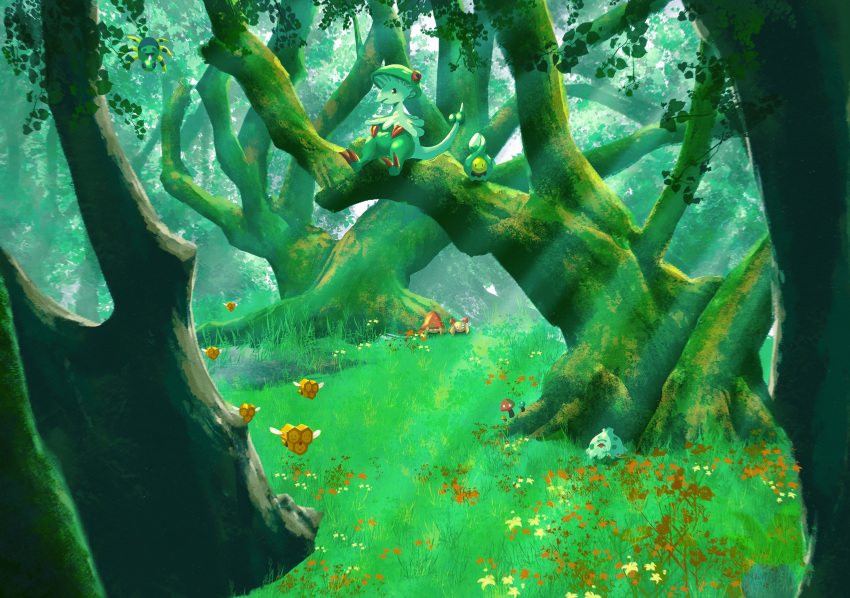 breloom budew combee commentary forest grass green_theme highres light_rays nature no_humans outdoors paras parasect plant pokemon pokemon_(creature) scenery shank shroomish spinarak tree