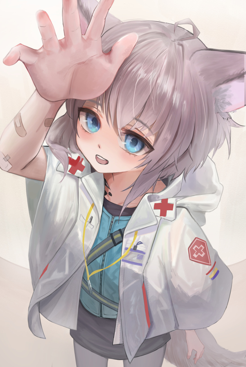 1girl absurdres animal_ears arknights bandaid bandaid_on_arm black_skirt blue_eyes blue_shirt coat commentary_request cross fox_ears fox_girl fox_tail happy henginnnnnn highres medic open_mouth oripathy_lesion_(arknights) platinum_blonde_hair red_cross shiny shiny_hair shirt skirt smile solo sussurro_(arknights) tail white_coat
