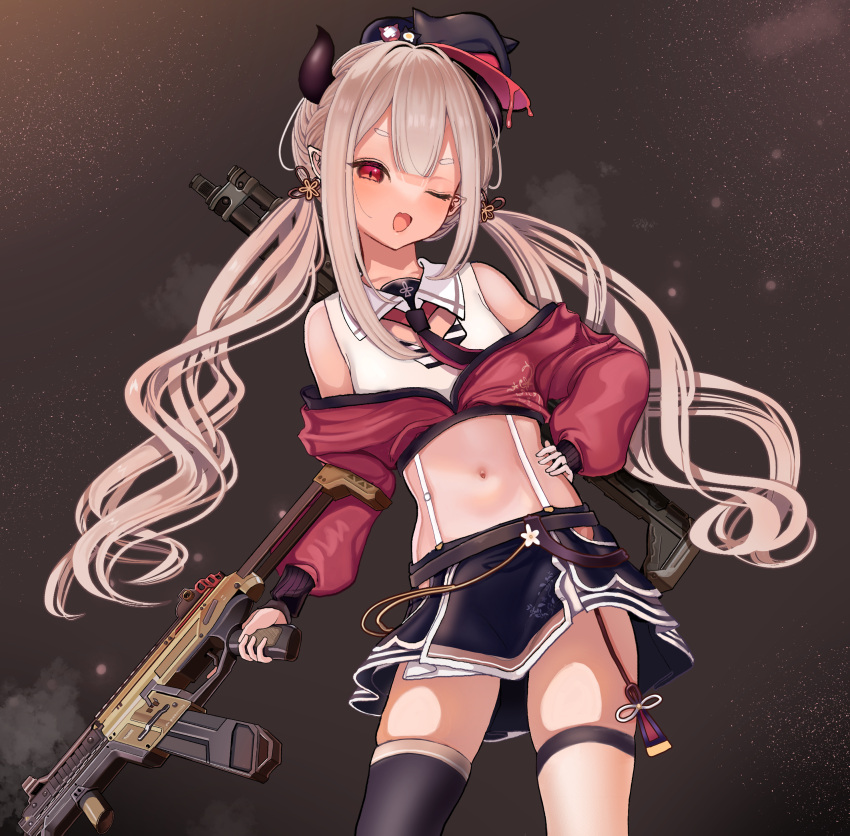1girl ;d absurdres apex_legends bangs bare_shoulders belt black_belt black_necktie black_skirt contrapposto cowboy_shot detached_collar fang gun hair_ornament hand_on_hip highres holding holding_weapon horns jacket long_hair looking_at_viewer low_twintails m600_spitfire machine_gun mask mask_on_head midriff miniskirt naraka_(nijisanji) navel necktie nijisanji off_shoulder one_eye_closed oni_horns open_mouth pointy_ears r-99_smg red_eyes red_jacket shirt short_eyebrows single_thighhigh skin_fang skindentation skirt sleeveless sleeveless_shirt smile solo stomach submachine_gun sumida_bunchou suspenders thigh_strap thighhighs twintails very_long_hair virtual_youtuber weapon white_shirt zettai_ryouiki