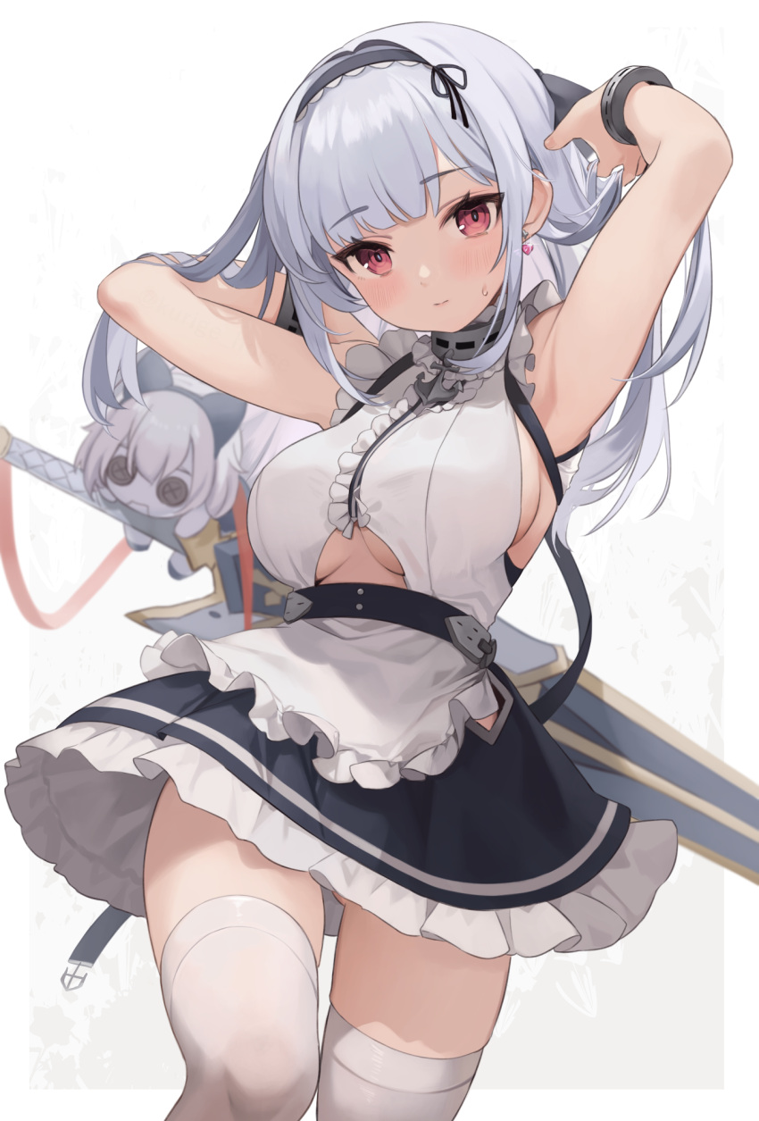 1girl armpits arms_up azur_lane belt breasts dido_(azur_lane) earrings eyebrows_visible_through_hair hair_ornament highres jewelry kurige_horse large_breasts looking_at_viewer maid maid_headdress red_eyes silver_hair sleeveless sword sword_behind_back thighhighs underboob weapon white_background white_legwear wrist_cuffs