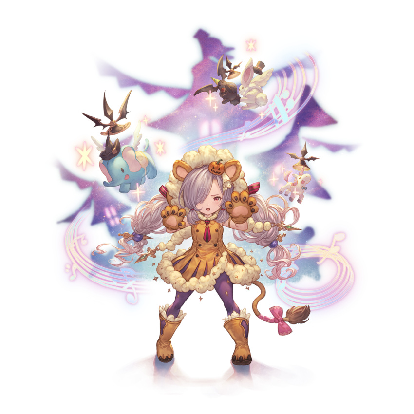 1girl alternate_costume animal_costume animal_ears animal_hands boots bow bowtie bunny dress elephant food-themed_hair_ornament granblue_fantasy hair_ornament hair_over_one_eye harvin lion_costume lion_ears lion_tail long_hair looking_at_viewer musical_note niyon_(granblue_fantasy) official_alternate_costume official_art pantyhose pointy_ears pumpkin_hair_ornament purple_hair red_eyes simple_background sparkle tail transparent_background twintails unicorn