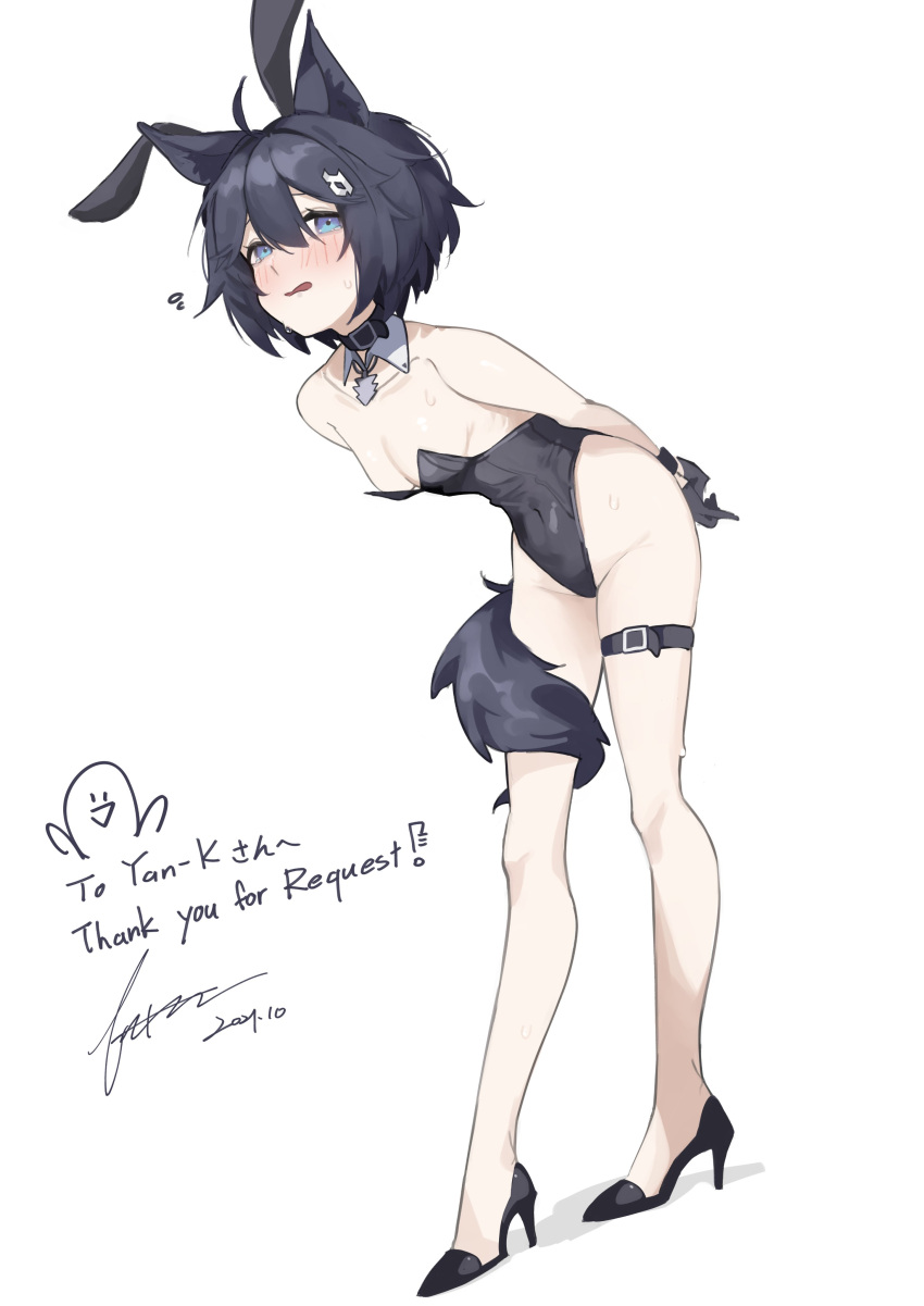 1girl absurdres ahoge animal_ears arms_behind_back bare_legs bare_shoulders black_collar black_footwear black_gloves black_hair breasts cleavage collar collarbone dated detached_collar dog_ears dog_tail fake_animal_ears fataaa full_body gloves hair_between_eyes hair_ornament highres leg_belt legs looking_at_viewer open_mouth original playboy_bunny rabbit_ears shoes short_hair signature simple_background small_breasts solo standing sweat tail wavy_mouth white_background