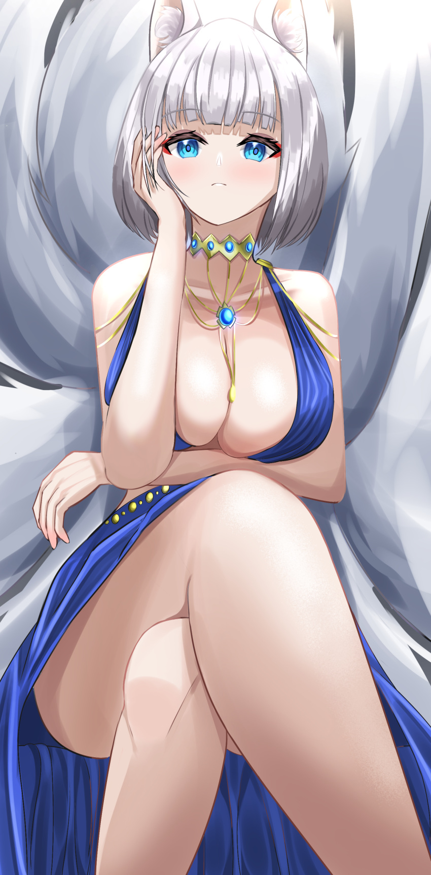 1girl absurdres animal_ear_fluff arm_under_breasts azuma_(sospower73) azur_lane blue_dress blue_eyes breasts center_opening dress evening_gown eyeliner fox_girl halter_dress halterneck highres kaga_(azur_lane) kaga_(exalted_white_wings)_(azur_lane) kitsune kyuubi large_breasts large_tail long_dress looking_at_viewer makeup multiple_tails official_alternate_costume short_hair simple_background sitting sleeveless sleeveless_dress solo tail white_hair white_tail