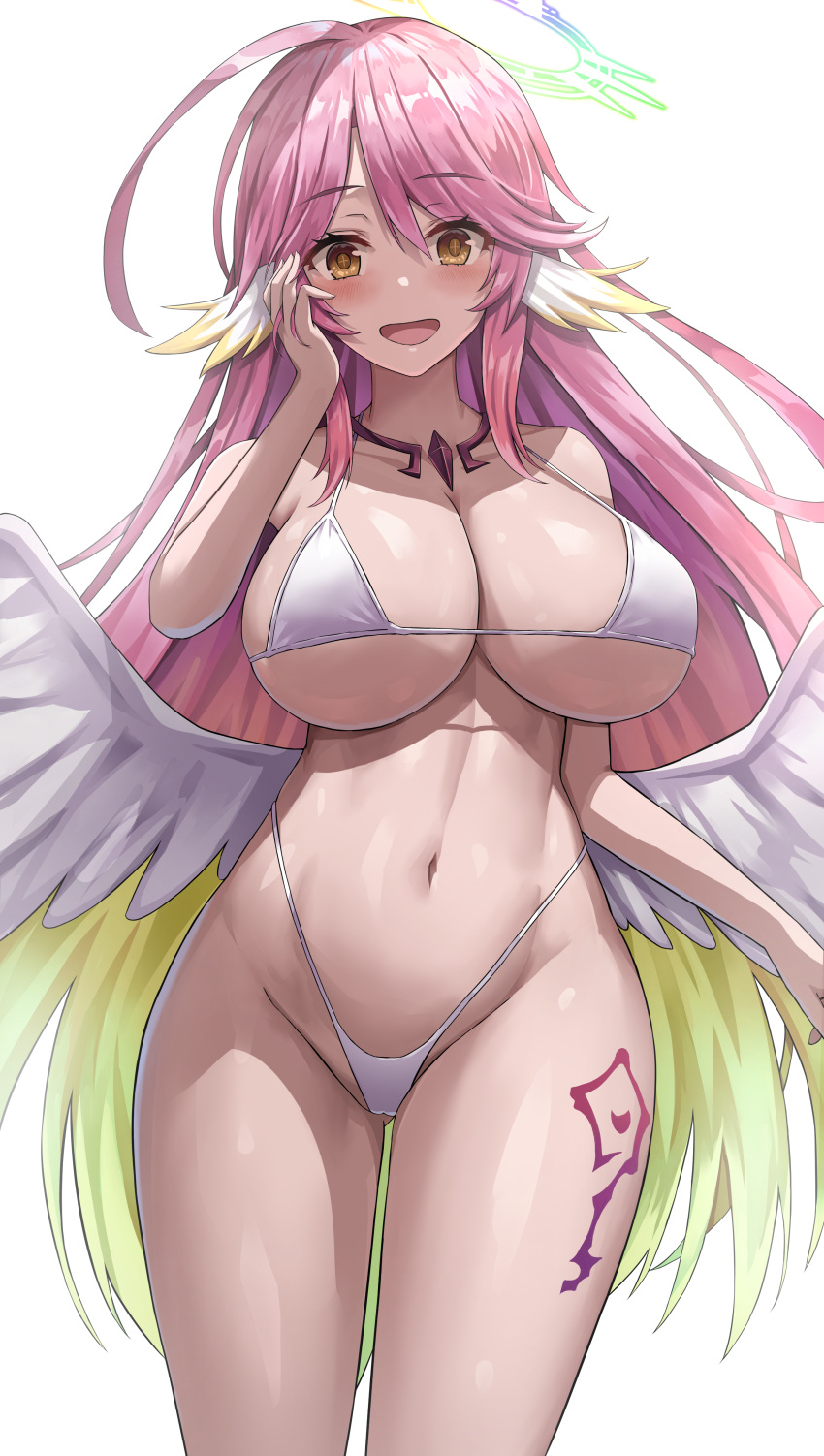 1girl absurdres ahoge angel_wings bangs bikini blush breasts collarbone drooling eyebrows_visible_through_hair feathered_wings gradient_hair hand_on_own_cheek hand_on_own_face highleg highleg_bikini highres jasony jibril_(no_game_no_life) large_breasts long_hair looking_at_viewer low_wings multicolored_hair navel no_game_no_life open_mouth pink_hair simple_background smile solo swimsuit white_background white_bikini white_wings wing_ears wings yellow_eyes