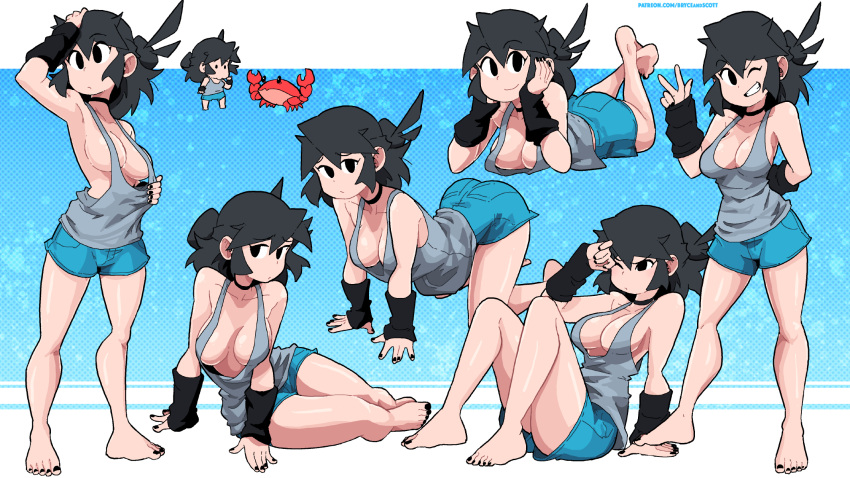 1girl arm_behind_back arm_support arm_warmers armpits bangs bare_shoulders barefoot black_choker black_eyes black_hair black_nails blue_shorts breasts chibi choker cleavage closed_mouth clothes_pull collarbone commentary crab english_commentary eyebrows_visible_through_hair furrowed_brow grey_tank_top grin hair_up hand_on_own_head hand_up hands_on_own_face highres kneeling large_breasts light_frown long_hair looking_ahead looking_at_viewer lucia_(scott_malin) lying multiple_views nail_polish no_bra on_floor on_stomach one_eye_closed original patreon_username pout scott_malin shirt_pull shorts sidelocks sitting smile standing tank_top toenail_polish toenails v