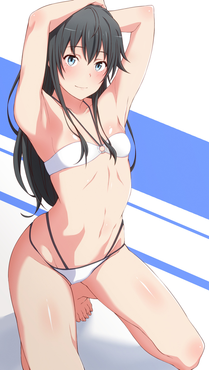 1girl absurdres armpits arms_up bikini black_hair blue_eyes breasts closed_mouth highres kneeling long_hair navel shou937 small_breasts solo stomach straight_hair swimsuit tiptoes very_long_hair white_bikini yahari_ore_no_seishun_lovecome_wa_machigatteiru. yukinoshita_yukino