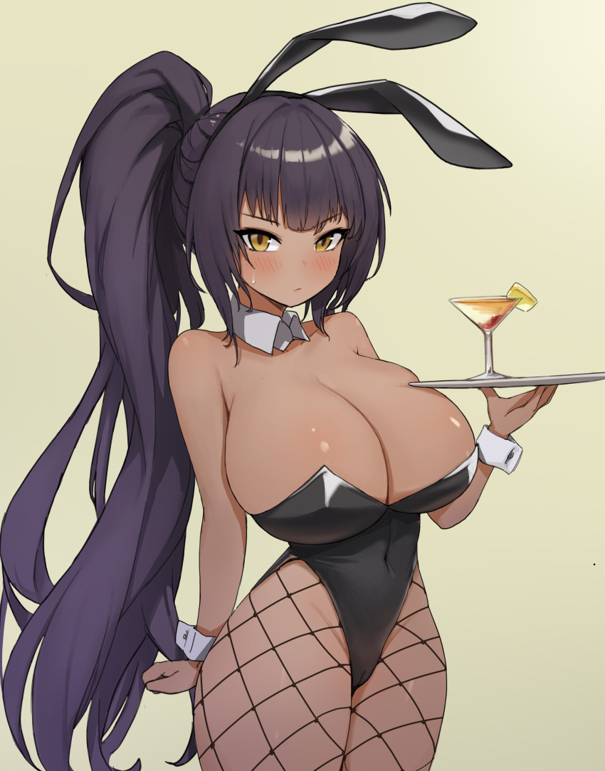1girl absurdres animal_ears bare_shoulders black_hair blue_archive blush breasts cleavage commentary_request covered_navel cup dark-skinned_female dark_skin detached_collar drinking_glass fake_animal_ears fishnet_legwear fishnets green_background highres holding holding_plate huge_breasts karin_(blue_archive) kkusak_(kkusag_ks) long_hair looking_at_viewer plate playboy_bunny ponytail rabbit_ears simple_background sweatdrop yellow_eyes