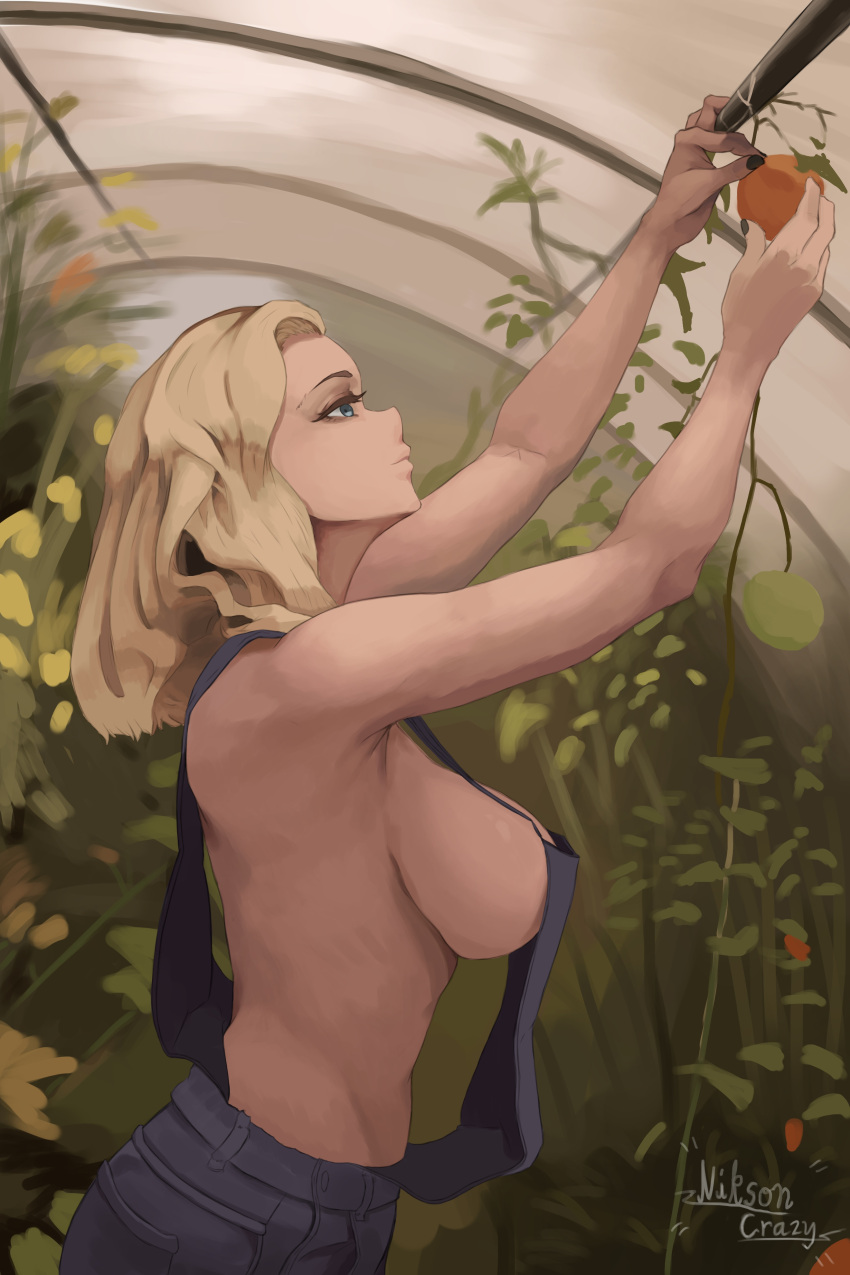 1girl absurdres armpits artist_name black_nails blonde_hair blue_eyes breasts commentary_request eyelashes food from_side fruit greenhouse highres large_breasts naked_overalls niksoncrazy original overalls plant sideboob signature solo upper_body