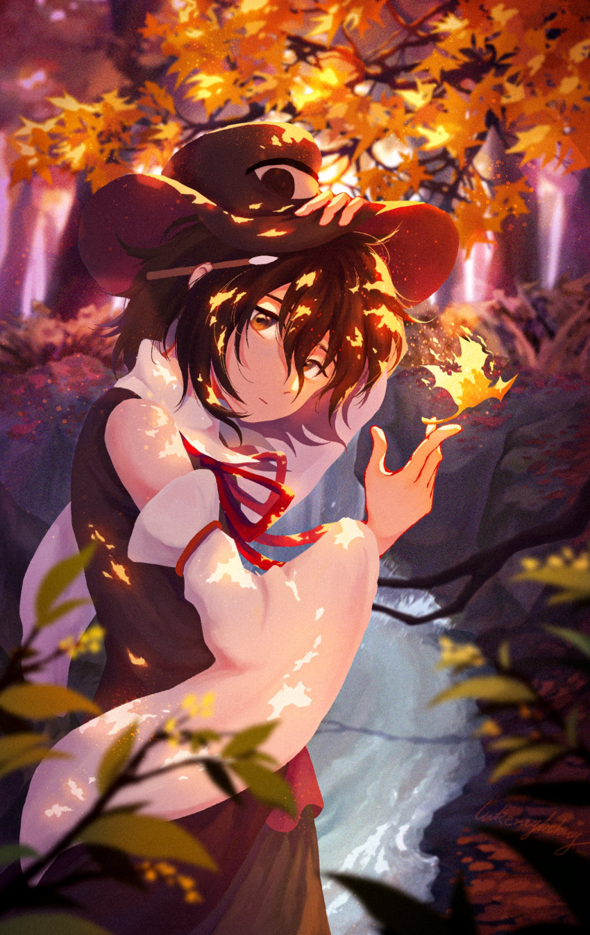 1other androgynous autumn autumn_leaves black_hair bow bowtie detached_sleeves enraku_tsubakura falling_leaves hat highres holding holding_leaf large_hat leaf len'en outdoors red_bow red_bowtie short_hair top_hat tree