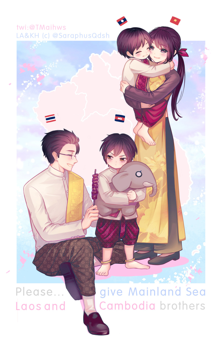 1girl 3boys absurdres arm_support arms_around_neck axis_powers_hetalia cambodia_(hetalia) child closed_mouth english_text flag food full_body highres holding holding_food hug laos_(hetalia) long_hair looking_at_another multiple_boys open_mouth ponytail profile short_hair simple_background sitting_on_arm smile stuffed_elephant thailand_(hetalia) tmaihws vietnam_(hetalia) vietnamese_dress