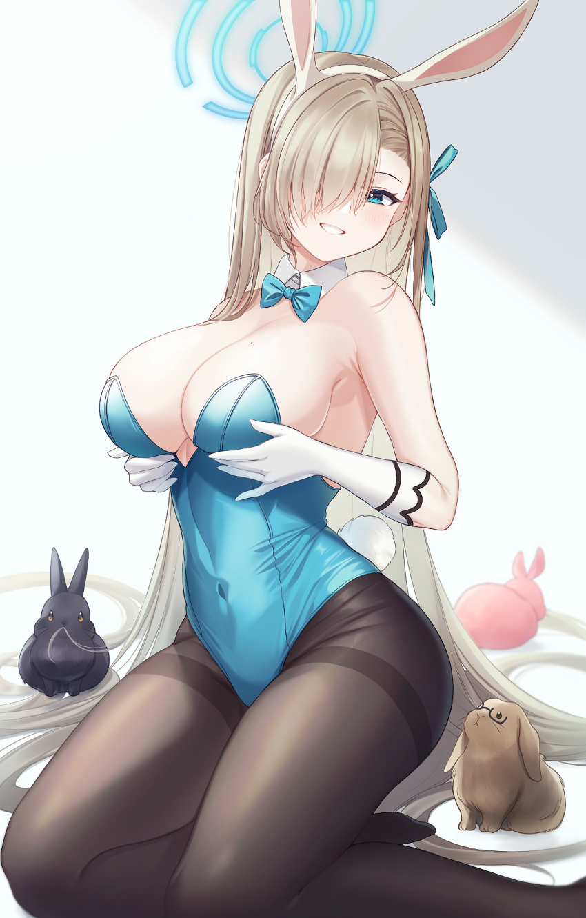 1girl :d akane_(blue_archive) animal animal_ears animalization asuna_(blue_archive) bare_shoulders black-framed_eyewear black_legwear blue_archive blue_bow blue_bowtie blue_eyes blue_leotard blush bow bowtie breast_hold breasts brown_hair bunny cleavage covered_navel detached_collar elbow_gloves fake_animal_ears fake_tail glasses gloves hair_over_one_eye hairband halo highres karin_(blue_archive) large_breasts leotard long_hair looking_at_viewer mole mole_on_breast nekomitei neru_(blue_archive) no_shoes pantyhose parted_lips playboy_bunny rabbit_ears rabbit_tail semi-rimless_eyewear simple_background sitting smile solo straight_hair strapless strapless_leotard tail thighband_pantyhose under-rim_eyewear very_long_hair white_background white_gloves white_hairband yokozuwari