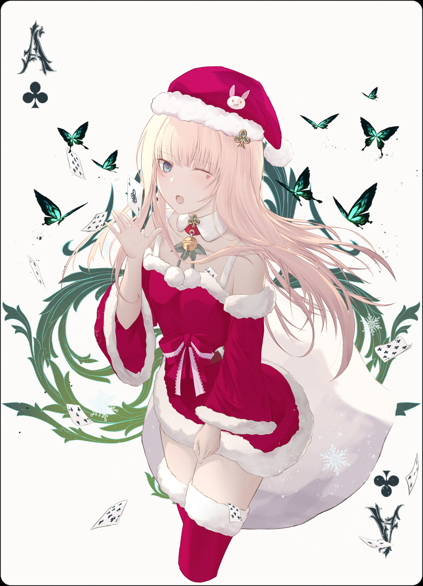 1girl alice_(alice_in_wonderland) alice_in_wonderland blonde_hair breasts bug butterfly card christmas green_eyes hat highres long_hair looking_at_viewer merry_hearm one_eye_closed open_mouth playing_card poker santa_costume santa_hat skirt solo white_background