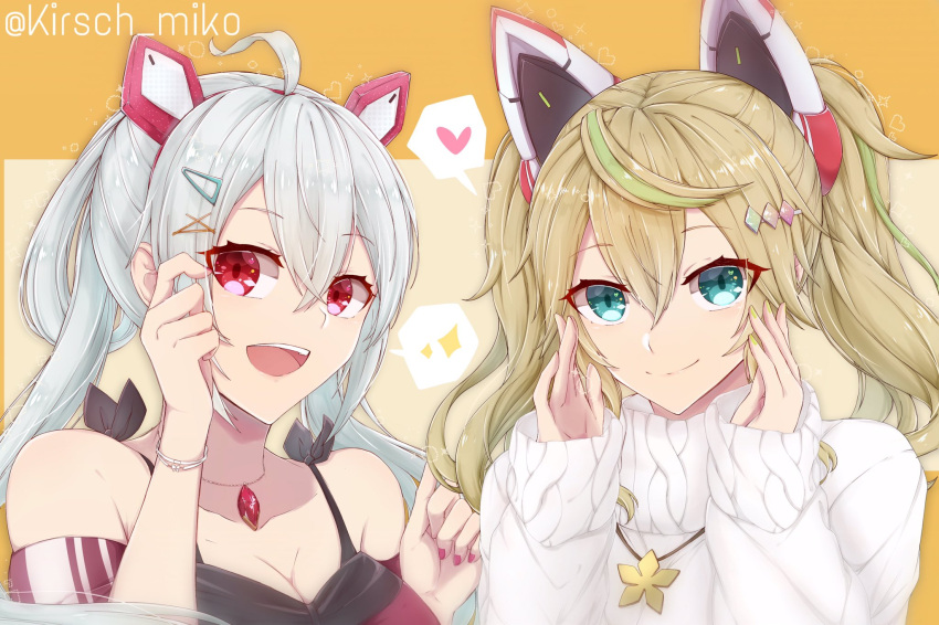 2girls ahoge aqua_eyes blonde_hair breasts cleavage gene_(pso2) highres kirsch_miko large_breasts matoi_(pso2) multiple_girls open_mouth phantasy_star phantasy_star_online_2 red_eyes silver_hair smile sweater twintails