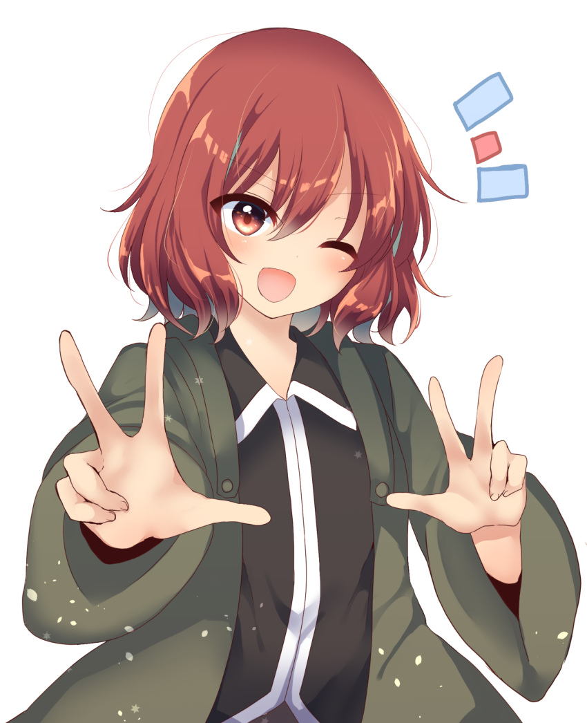 1other androgynous coat double_v green_coat hands_up highres len'en looking_at_viewer one_eye_closed open_mouth ougi_hina red_eyes red_hair shitodo_hooaka short_hair smile v