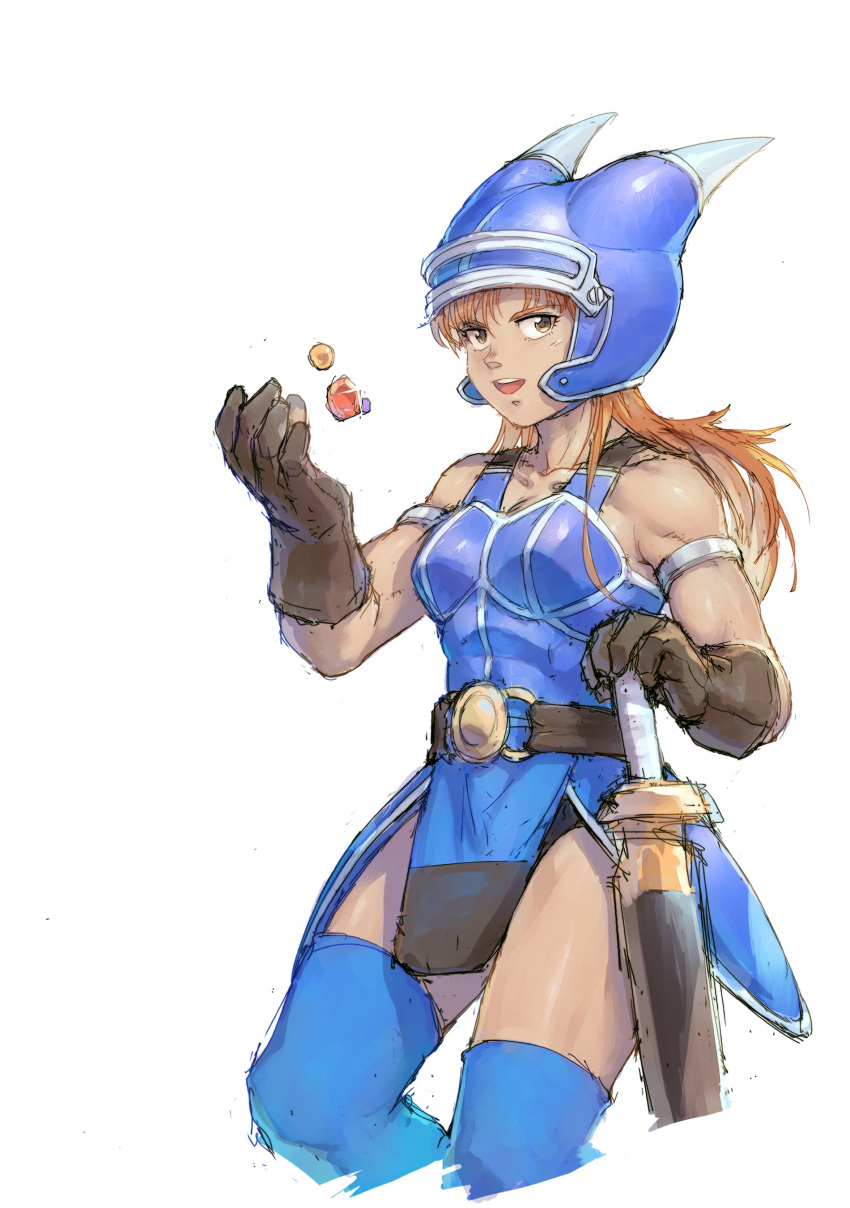 1girl absurdres armor belt blue_armor breasts brown_eyes brown_gloves brown_hair cleavage daisy_(dq) dragon_quest dragon_quest_yuusha_abel_densetsu fake_horns gloves helmet highres horned_helmet horns long_hair looking_at_viewer open_mouth simple_background solo sword thighhighs tokonatu weapon white_background
