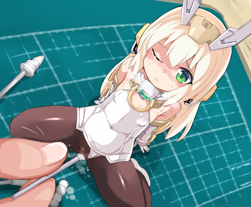 1girl 1other arms_behind_back baselard black_legwear blonde_hair blush cameltoe clothing_aside cotton_swab crotch_rub cutting_mat doll_joints elbow_gloves frame_arms_girl gloves green_eyes groin hands headgear highres joints karukan_(monjya) leaning_back leotard leotard_aside long_hair minigirl one_eye_closed pantyhose pussy pussy_juice shoes sitting smile spread_legs thighs trembling white_footwear white_gloves white_leotard