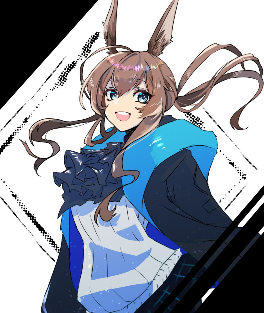 1girl :d amiya_(arknights) animal_ears arknights ascot black_jacket blue_ascot blue_eyes blue_skirt brown_hair commentary hair_between_eyes highres hiyofumi jacket long_hair long_sleeves looking_at_viewer open_mouth plaid plaid_skirt ponytail rabbit_ears shirt sidelocks simple_background skirt smile solo teeth tied_hair upper_body upper_teeth white_background white_shirt