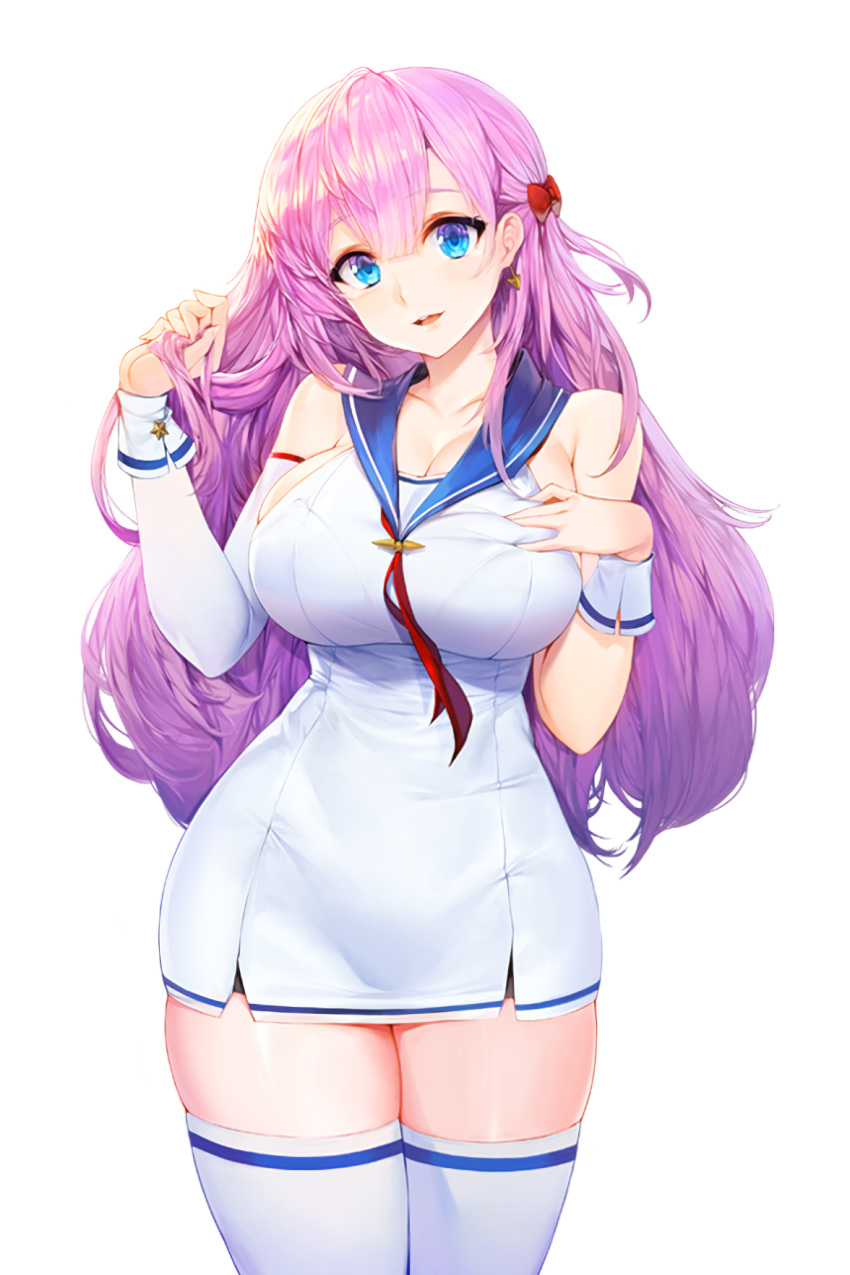 1girl bare_shoulders blue_eyes blue_sailor_collar blush breasts cleavage collarbone dress earrings eyebrows_visible_through_hair hair_between_eyes hand_in_hair hand_on_own_chest head_tilt highres jewelry large_breasts light_purple_hair long_hair looking_at_viewer official_art parted_lips resized rosie_(soccer_spirits) sailor_collar skindentation smile snowball22 soccer_spirits solo standing thighhighs transparent_background upscaled white_dress white_legwear wrist_cuffs