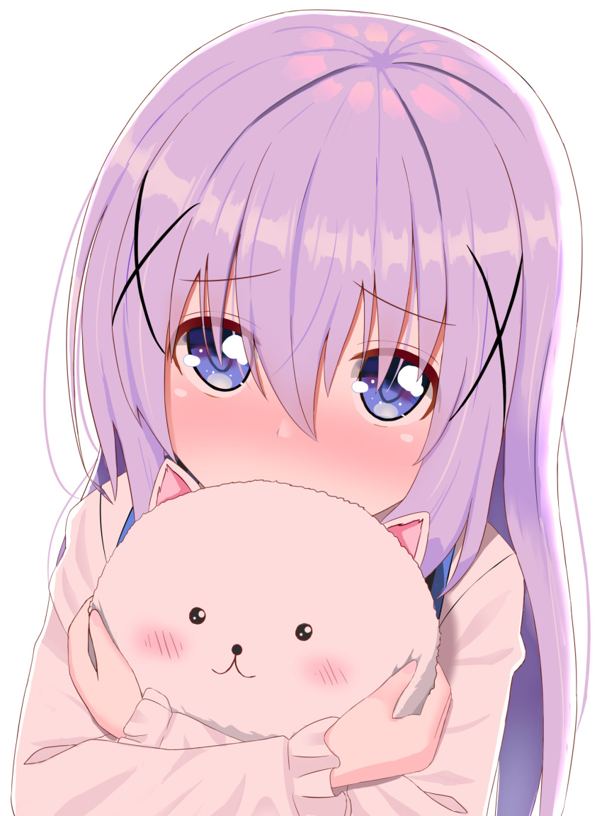 1girl angora_rabbit blue_eyes blue_hair blue_vest blush bunny eyebrows_visible_through_hair gochuumon_wa_usagi_desu_ka? hair_ornament highres kafuu_chino light_blue_hair light_purple_hair long_hair long_sleeves looking_at_viewer miporinrpg rabbit_house_uniform simple_background solo tippy_(gochiusa) vest white_background x_hair_ornament