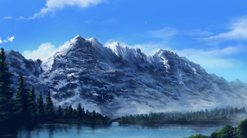 absurdres aki_(aki_k6) blue_sky cloud day forest highres incredibly_absurdres lake landscape mountain nature no_humans original outdoors scenery signature sky snow tree water