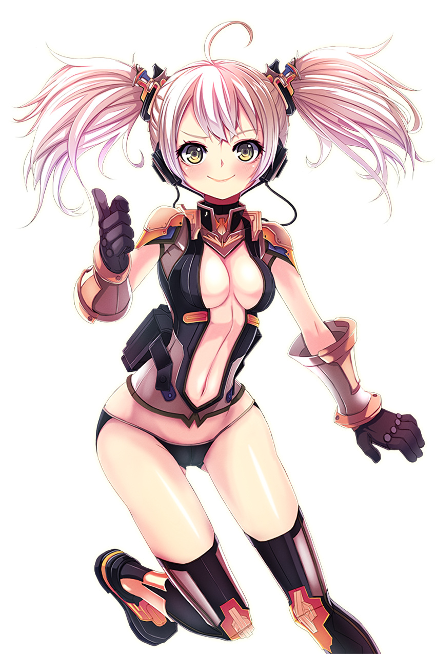 1girl ass_visible_through_thighs black_gloves black_jacket black_legwear black_panties boots breasts gloves grey_eyes hair_ornament high_heel_boots high_heels highres iggy_(soccer_spirits) jacket looking_at_viewer medium_breasts navel official_art panties pink_hair pointing pointing_at_viewer reason_(ficafe) resized smile soccer_spirits transparent_background twintails underwear upscaled