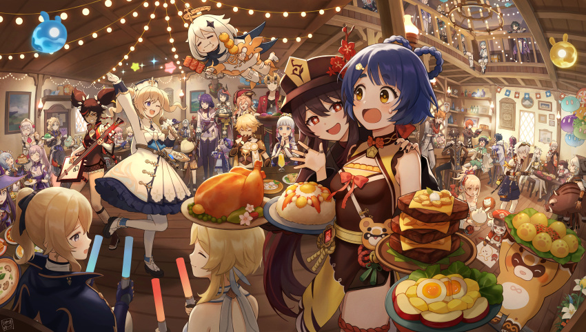 &gt;_&lt; &gt;o&lt; 6+boys 6+girls :d absurdres abyss_mage_(genshin_impact) aether_(genshin_impact) ahoge albedo_(genshin_impact) amber_(genshin_impact) animal animal_ears animal_hood armband armor asymmetrical_hair bandaged_leg bandages bandaid bandaid_on_nose bangs beidou_(genshin_impact) bell bennett_(genshin_impact) beret black_bodysuit black_footwear black_gloves black_hair black_nails black_pants black_ribbon blonde_hair blue_capelet blue_hair blue_neckwear blue_shorts blush boar board_game bodysuit bone boots bottle braid breasts brown_dress brown_hair bulletin_board cabbie_hat cape capelet cat_ears cat_girl ceiling_light center_opening chandelier cheering cheese chicken_(food) chongyun_(genshin_impact) chopsticks cigarette cleavage closed_eyes closed_mouth commentary_request conch corset cowbell cross cross_earrings crumbs cup cupping_hands dancing dark-skinned_female dark-skinned_male dark_skin detached_sleeves diluc_(genshin_impact) diona_(genshin_impact) drawing dress drinking_glass drooling drunk earrings egg epaulettes eula_(genshin_impact) everyone eyebrows_visible_through_hair eyepatch eyeshadow facial_mark fischl_(genshin_impact) fishnet_legwear fishnets flower flower-shaped_pupils flower_knot flying food food_on_face forehead_mark french_braid frilled_dress frills ganyu_(genshin_impact) genshin_impact glasses gloves glowstick goat_horns goggles goggles_on_head gorou_(genshin_impact) gradient_hair green_cape green_eyes green_headwear green_shorts grin guitar guoba_(genshin_impact) hair_between_eyes hair_cones hair_ornament hair_over_one_eye hair_ribbon hair_rings hair_stick hairband hand_on_another's_shoulder harp hat high_heel_boots high_heels highres hilichurl_(genshin_impact) holding holding_animal holding_bone holding_bottle holding_chopsticks holding_food holding_glowstick holding_instrument holding_microphone holding_plate hood hood_up horns hu_tao_(genshin_impact) indoors instrument jacket japanese_clothes jean_(genshin_impact) jewelry jiangshi kaedehara_kazuha kaeya_(genshin_impact) kamisato_ayaka keqing_(genshin_impact) kimono klee_(genshin_impact) knee_boots kujou_sara laughing leaf leaf_on_head light_blue_hair light_green_hair light_purple_hair lisa_(genshin_impact) long_hair long_sleeves looking_at_another looking_down lumine_(genshin_impact) magic makeup mask mask_on_head meat medium_breasts medium_hair microphone milk_bottle mole mole_under_eye mona_(genshin_impact) multicolored_hair multiple_boys multiple_girls music nail_polish neck_bell necktie ningguang_(genshin_impact) noelle_(genshin_impact) nun obi obiage obijime one_eye_covered open_clothes open_jacket open_mouth orange_eyes orange_hair own_hands_together palms_together pancake pants parted_bangs party paw_print pelvic_curtain pink_hair pizza plate playing_instrument plum_blossoms ponytail popsicle porkpie_hat pot pudding purple_capelet purple_dress purple_eyes purple_gloves purple_hair purple_headwear purple_kimono purple_pants qing_guanmao qiqi_(genshin_impact) raiden_shogun razor_(genshin_impact) red_eyes red_hair red_headwear red_jacket red_neckwear ribbon rice ring rosaria_(genshin_impact) saliva sangonomiya_kokomi sarashi sash sayu_(genshin_impact) scar scar_on_cheek scar_on_face seelie_(genshin_impact) shaded_face shogi short_dress short_hair short_kimono short_ponytail short_sleeves shorts shoulder_armor shouting shrimp shrimp_tempura sidelocks signature silver_hair singing single_braid sitting skewer sleeveless sleeveless_dress slime_(genshin_impact) small_breasts smile smoking spiked_hairband spikes squatting standing standing_on_one_leg star_(symbol) stool straight_hair streaked_hair sucrose_(genshin_impact) surprised sweatdrop symbol-shaped_pupils table tail tartaglia_(genshin_impact) tassel taxidermy tearing_up tempura tengu_mask tentacles thick_eyebrows thigh_strap thighhighs thoma_(genshin_impact) toast toenail_polish toenails tofu translated treasure_chest trembling twintails two-tone_hair two_side_up v-shaped_eyebrows vambraces veil venti_(genshin_impact) vision_(genshin_impact) whistling white_dress white_footwear white_gloves white_headwear wide_sleeves wine_glass witch_hat wooden_ceiling wooden_floor x_x xiangling_(genshin_impact) xiao_(genshin_impact) xingqiu_(genshin_impact) xinyan_(genshin_impact) yae_(genshin_impact) yanfei_(genshin_impact) yoimiya_(genshin_impact) yuko666 zettai_ryouiki zhongli_(genshin_impact)
