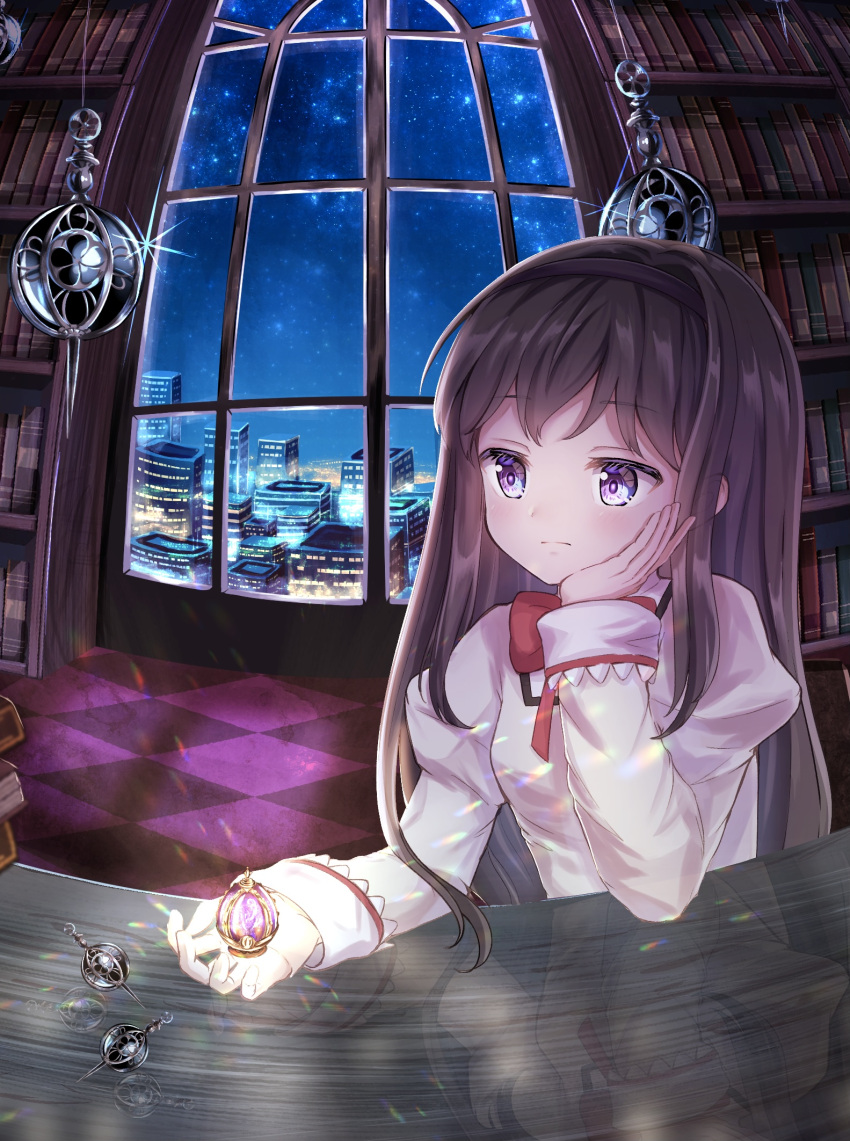 1girl akemi_homura black_hair black_hairband book bookshelf bow bowtie cityscape commentary_request elbow_rest elbows_on_table expressionless eyebrows_visible_through_hair grief_seed hairband hand_on_own_face highres holding in_palm light_blush long_hair long_sleeves mahou_shoujo_madoka_magica mitakihara_school_uniform night night_sky purple_eyes red_bow red_bowtie reflection reflective_table school_uniform sky solo soul_gem star_(sky) starry_sky table ukiukikiwi2525 upper_body window