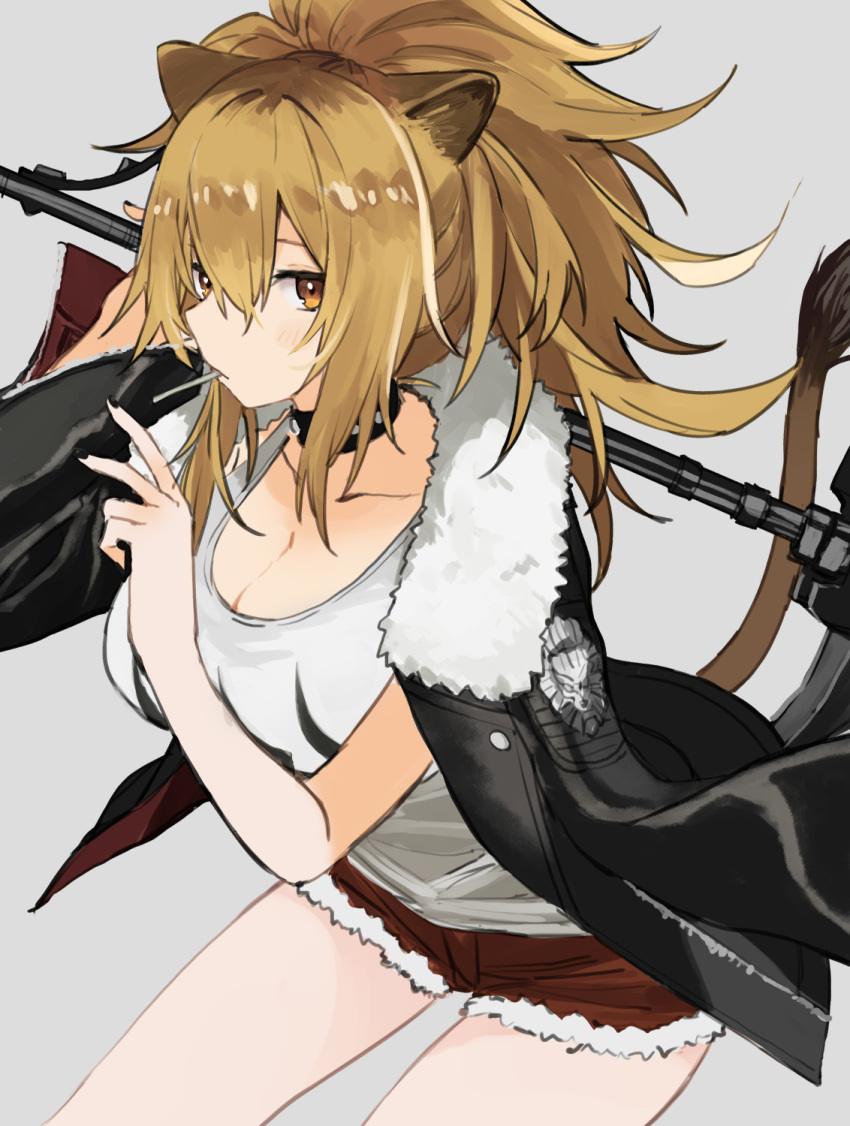 1girl arknights black_collar black_jacket black_nails blonde_hair breasts brown_eyes brown_hair candy cleavage collar collarbone cowboy_shot exion_(neon) food fur-trimmed_jacket fur-trimmed_shorts fur_trim grey_background hair_between_eyes hand_up highres holding holding_weapon jacket jacket_on_shoulders large_breasts leather leather_jacket lollipop long_hair looking_at_viewer mouth_hold open_clothes open_jacket ponytail red_shorts shirt shorts siege_(arknights) simple_background solo studded_collar v war_hammer weapon weapon_behind_back white_shirt