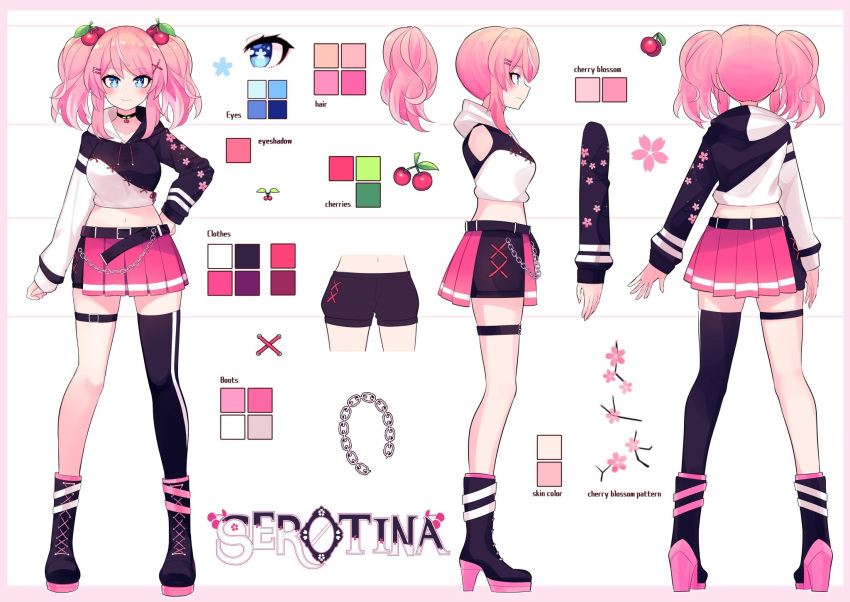 1girl aho black_footwear black_hoodie black_shorts blue_eyes boots chain character_sheet cherry_hair_ornament color_guide cropped_hoodie english_commentary food-themed_hair_ornament hair_ornament high_heel_boots high_heels highres hood hoodie indie_virtual_youtuber multiple_views navel official_art pink_hair pink_skirt second-party_source serotina shorts single_thighhigh skindentation skirt thigh_strap thighhighs twintails two-tone_hoodie virtual_youtuber white_hoodie
