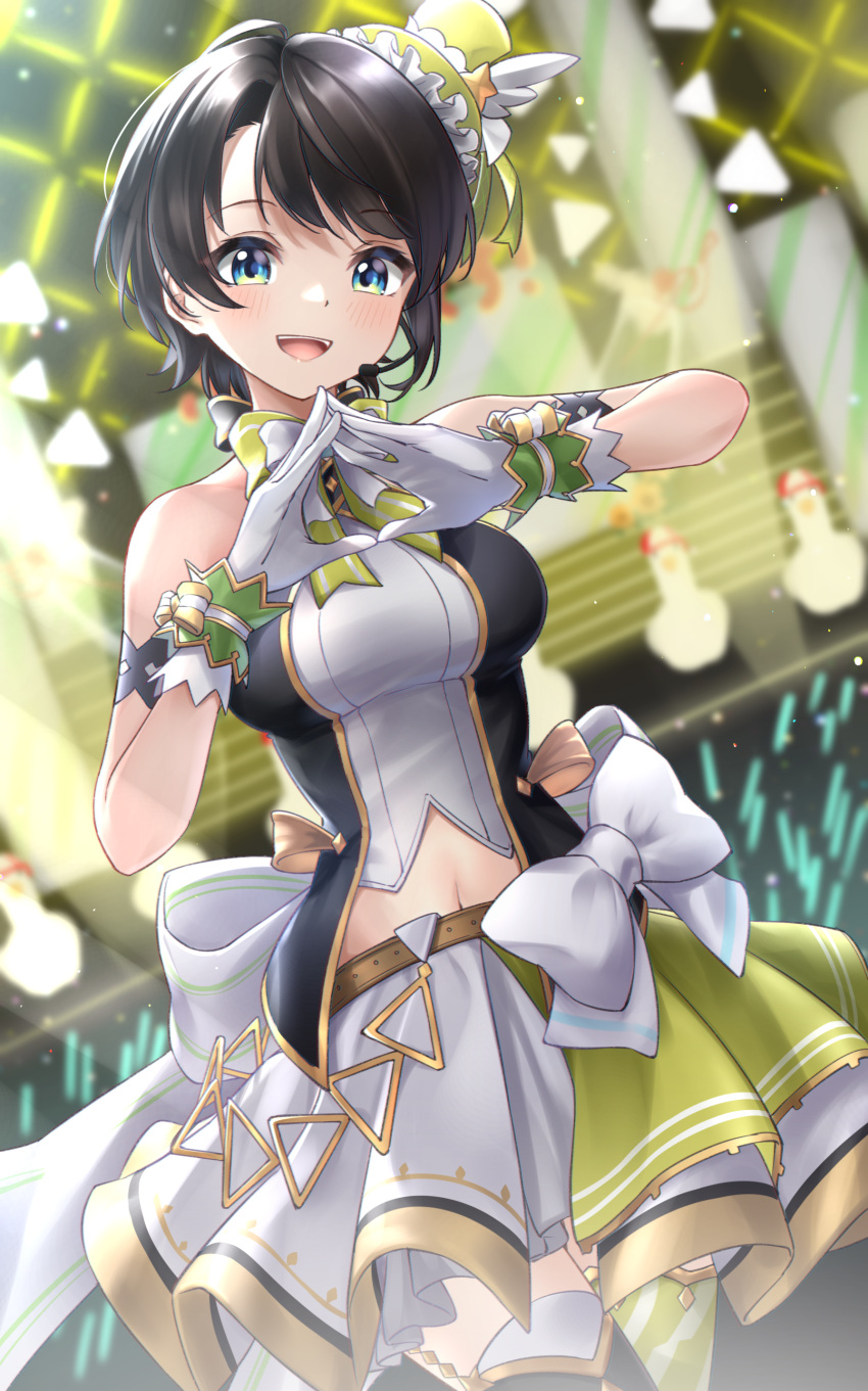 1girl :d absurdres armlet bangs bare_shoulders belt black_hair blue_eyes blurry blurry_background bow bow_skirt breasts cowboy_shot depth_of_field dutch_angle gloves halter_top halterneck hat headset highres hololive hololive_idol_uniform idol idol_clothes layered_skirt looking_at_viewer medium_breasts mini_hat mini_top_hat miniskirt navel official_alternate_costume oozora_subaru overskirt short_hair skirt sleeveless smile solo stage steepled_fingers subaru_duck swept_bangs thighhighs top_hat tsurupy virtual_youtuber white_bow white_gloves white_skirt wrist_cuffs yellow_headwear yellow_skirt