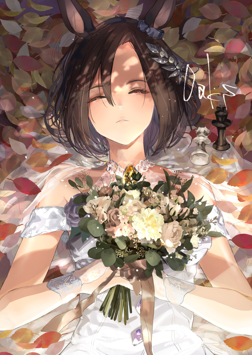 1girl absurdres air_groove_(umamusume) animal_ears bangs bare_shoulders bouquet bridal_gauntlets brown_hair chess_piece closed_eyes commentary dress english_text flower hair_between_eyes highres holding holding_bouquet horse_ears horse_girl king_(chess) leaf off-shoulder_dress off_shoulder on_floor oshiri_seijin queen_(chess) short_hair sleeveless sleeveless_dress solo umamusume wedding_dress