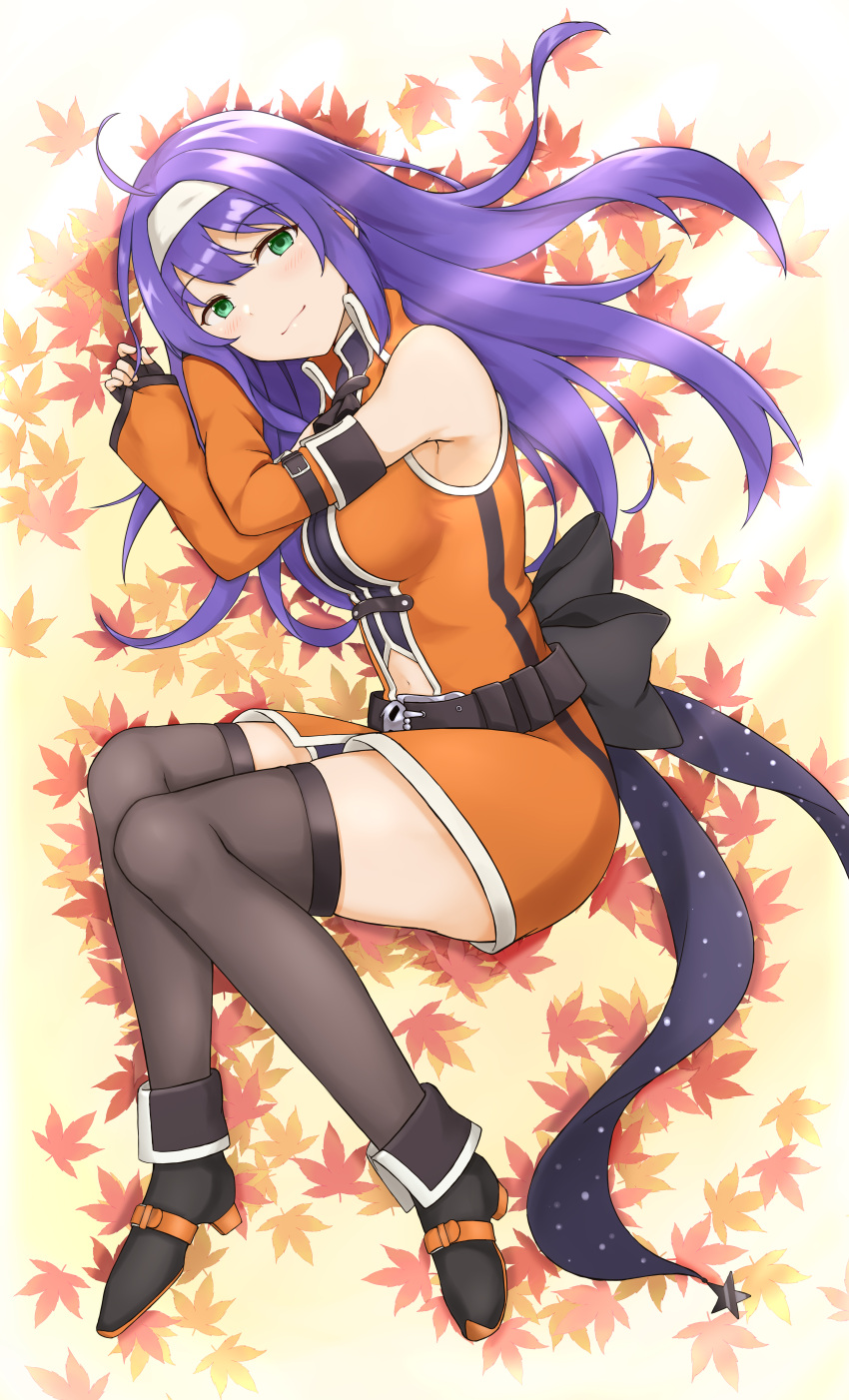 1girl absurdres ahoge autumn autumn_leaves bare_shoulders belt_pouch black_bow black_gloves black_legwear boots bow breasts closed_mouth clothing_cutout detached_sleeves dress eyebrows_visible_through_hair fingerless_gloves fire_emblem fire_emblem:_radiant_dawn full_body gloves green_eyes hairband highres large_breasts leaf long_hair looking_at_viewer lying maple_leaf mia_(fire_emblem) navel navel_cutout no_headwear official_alternate_costume on_side pouch purple_hair shiny shiny_hair smile solo takaneko thighhighs white_hairband wide_sleeves