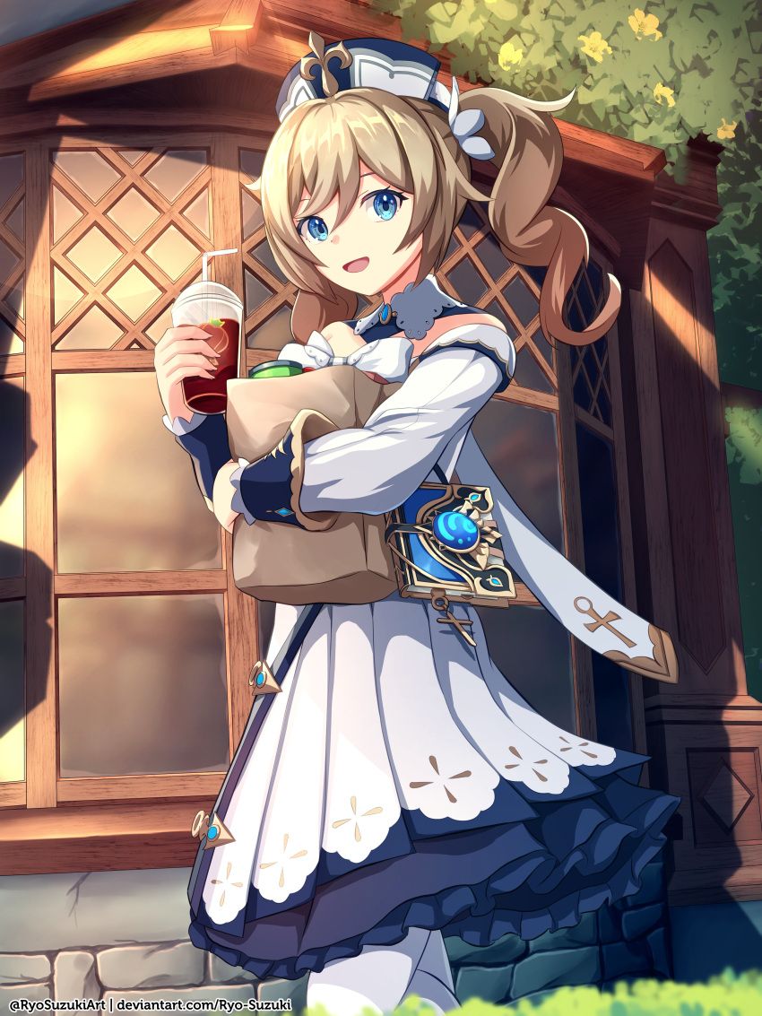 1girl :d absurdres bag bangs barbara_(genshin_impact) bare_shoulders belt blue_eyes book building carrying chili_pepper commentary_request cup detached_collar detached_sleeves disposable_cup dress drinking_straw eyebrows_visible_through_hair genshin_impact hair_between_eyes hair_ornament hat highres holding holding_cup juice light_brown_hair long_hair long_sleeves looking_at_viewer nun pantyhose paper_bag ryo-suzuki shopping_bag sidelocks smile solo twintails vision_(genshin_impact) walking white_dress white_legwear