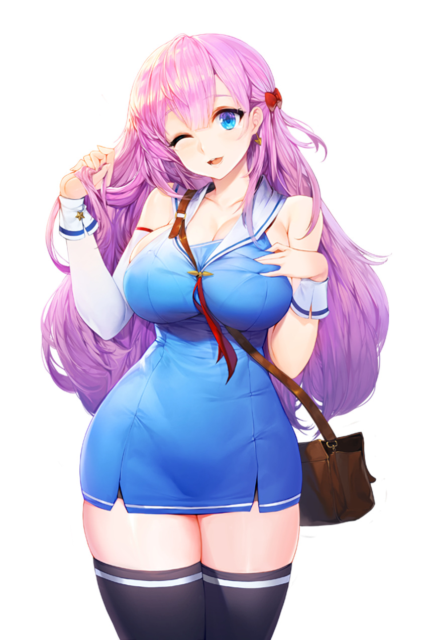 1girl bare_shoulders black_legwear blue_dress blue_eyes blush breasts cleavage collarbone dress earrings eyebrows_visible_through_hair hair_between_eyes hand_in_hair hand_on_own_chest head_tilt highres jewelry large_breasts light_purple_hair long_hair looking_at_viewer official_art one_eye_closed parted_lips resized rosie_(soccer_spirits) sailor_collar skindentation smile snowball22 soccer_spirits solo standing thighhighs transparent_background upscaled white_sailor_collar wrist_cuffs