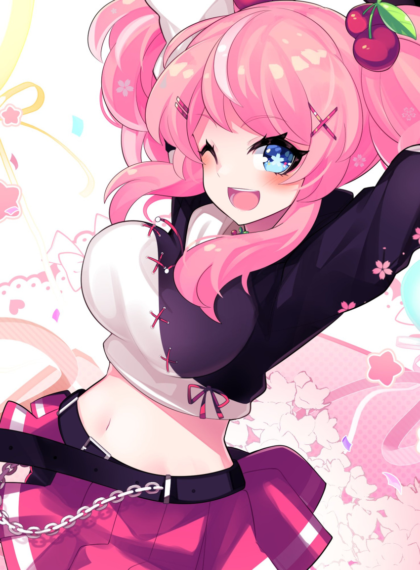 1girl aho belt black_belt blue_eyes blush breasts chain cherry_hair_ornament eyebrows_visible_through_hair food-themed_hair_ornament hair_ornament highres indie_virtual_youtuber looking_at_viewer medium_breasts navel one_eye_closed open_mouth pink_hair pink_skirt serotina skirt smile solo star_(symbol) twintails virtual_youtuber