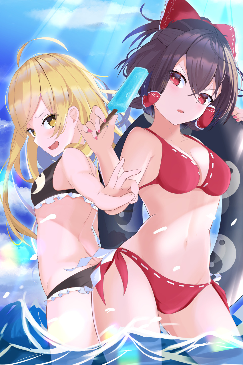 2girls absurdres ahoge ass-to-ass back bikini black_bikini black_swimsuit blonde_hair blue_sky bow breasts brown_hair cloud cloudy_sky collarbone cowboy_shot eyebrows_visible_through_hair food frilled_bikini frilled_bikini_bottom frilled_bow frilled_hair_tubes frilled_swimsuit frills hair_between_eyes hair_bow hair_tubes hakurei_reimu highres holding holding_innertube innertube kirisame_marisa light_rays looking_at_viewer looking_back medium_breasts multiple_girls navel open_mouth oreo_kirisame outdoors partially_submerged popsicle red_bikini red_bow red_eyes red_nails red_swimsuit sky small_breasts standing swimsuit touhou water yellow_eyes yin_yang