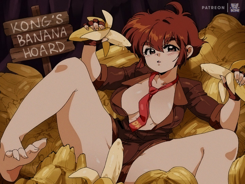 1980s_(style) 1girl artist_logo banana barefoot between_breasts bluethebone breasts brown_eyes brown_hair commentary donkey_kong donkey_kong_(series) donkey_kong_country english_commentary english_text eyebrows food fruit genderswap genderswap_(mtf) holding holding_food holding_fruit humanization large_breasts loose_necktie necktie necktie_between_breasts no_bra open_clothes open_mouth open_shirt patreon_username phallic_symbol reclining red_necktie retro_artstyle sexually_suggestive short_hair short_shorts shorts sign sleeves_rolled_up solo spread_legs thick_thighs thighs toe_scrunch toes