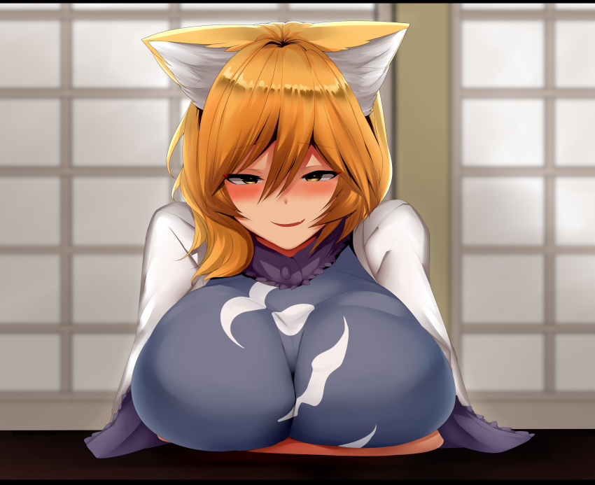 1girl absurdres animal_ear_fluff animal_ears bangs blonde_hair blush breasts breasts_on_table commentary eyebrows_visible_through_hair fang fox_ears hair_between_eyes headwear_removed highres huge_breasts long_sleeves looking_at_viewer mizuga seductive_smile short_hair shouji skin_fang sliding_doors smile solo symbol-only_commentary tabard table touhou white_sleeves wide_sleeves yakumo_ran yellow_eyes