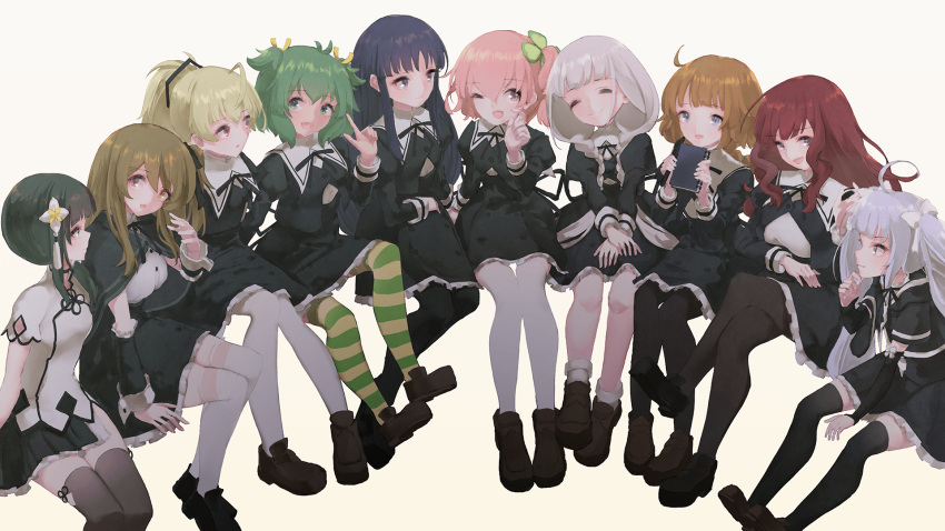 6+girls :d ;d ahoge andou_tazusa arm_at_side arm_cutout assault_lily bangs beige_background black_capelet black_choker black_footwear black_hair black_legwear black_neckwear black_ribbon black_skirt blonde_hair blue_eyes blunt_bangs bow braid braided_ponytail brown_footwear brown_hair buttons capelet choker closed_eyes closed_mouth clothing_cutout clover_hair_ornament collared_shirt commentary_request cropped_jacket crossed_legs detached_sleeves dress_shirt eyebrows_visible_through_hair fang flower four-leaf_clover_hair_ornament frilled_skirt frilled_sleeves frills futagawa_fumi green_eyes green_legwear grey_legwear hair_between_eyes hair_bow hair_flower hair_ornament hair_over_shoulder hair_ribbon hand_on_own_chin hand_up hands_on_lap hands_up heterochromia high-waist_skirt highres hitotsuyanagi_riri hitotsuyanagi_yuri holding holding_pen holding_sketchbook index_finger_raised invisible_chair juliet_sleeves kaede_johan_nouvel knees_together_feet_apart kuo_shenlin legs_together loafers long_hair long_sleeves looking_at_another looking_at_viewer low_ponytail low_twin_braids miniskirt miriam_hildegard_von_gropius multicolored_clothes multicolored_legwear multiple_girls neck_ribbon one_eye_closed one_side_up open_mouth pantyhose parted_lips pen pink_eyes pink_hair pleated_skirt ponytail profile puffy_sleeves purple_eyes red_eyes ribbon school_uniform shiki_hakana shirai_yuyu shirt shoes short_hair short_sleeves side-by-side side_ponytail side_slit sidelocks silver_hair simple_background single_braid sitting sketchbook skin_fang skirt smile socks striped striped_legwear tassel thighhighs twin_braids twintails two_side_up very_long_hair wang_yujia white_bow white_flower white_legwear white_shirt yellow_eyes yellow_legwear yellow_ribbon yoshimura_thi_mai yurigaoka_girls_academy_school_uniform zettai_ryouiki