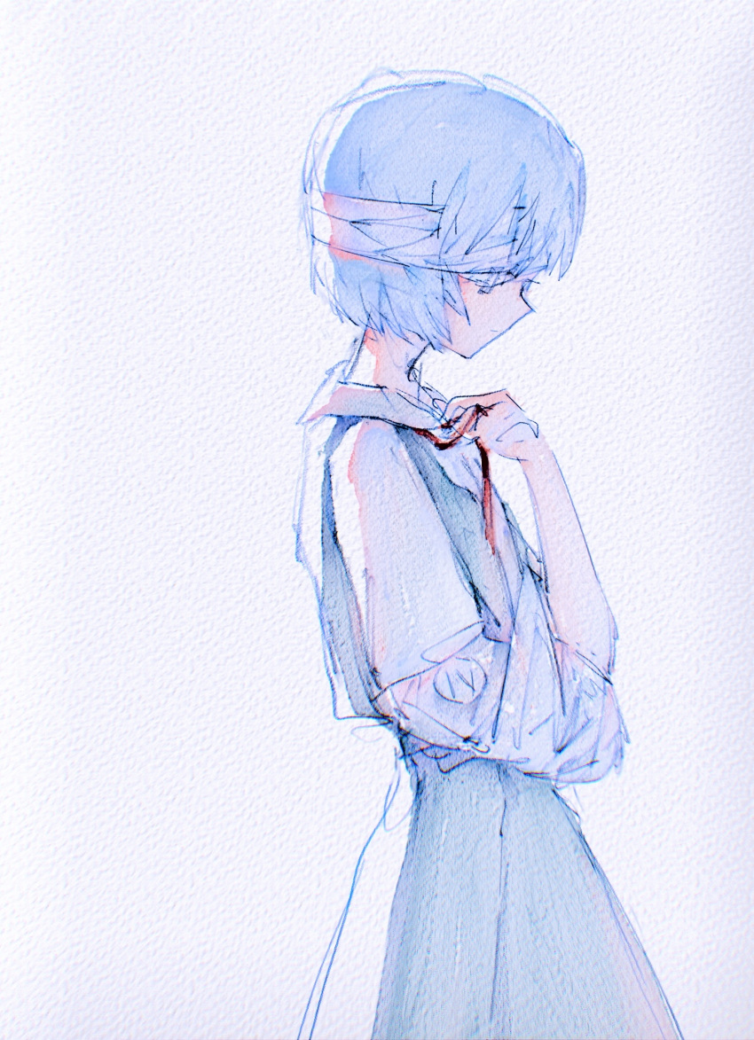 1girl arm_sling ayanami_rei bandage_over_one_eye bandaged_head bandages blue_dress blue_hair closed_mouth commentary dress faux_traditional_media from_behind hand_up highres iiibanah neon_genesis_evangelion pinafore_dress profile red_neckwear school_uniform shirt short_hair short_sleeves solo tokyo-3_middle_school_uniform_(evangelion) upper_body white_shirt