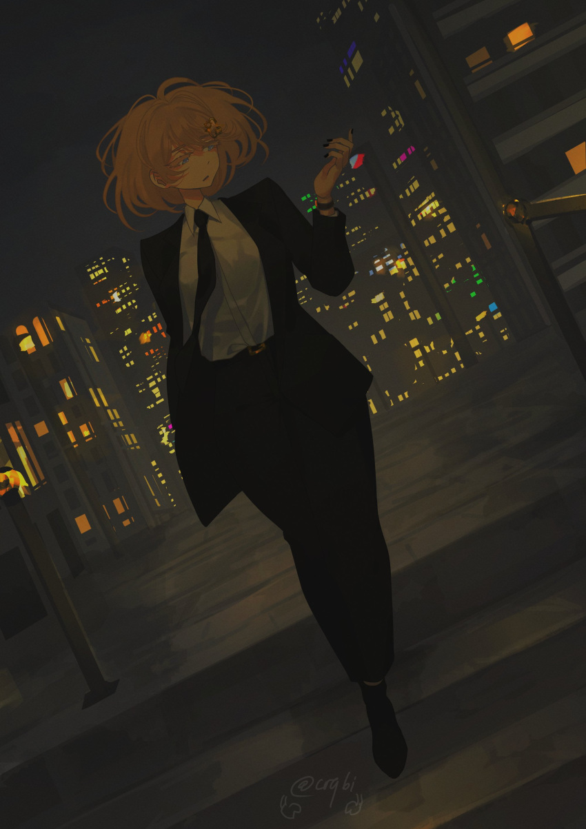 1girl absurdres black_jacket black_nails black_necktie blonde_hair blue_eyes cityscape colored_eyelashes crabi dutch_angle formal hair_ornament highres hololive hololive_english jacket monocle_hair_ornament nail_polish necktie night pants shirt short_hair solo suit twitter_username virtual_youtuber watch watson_amelia white_shirt wristwatch