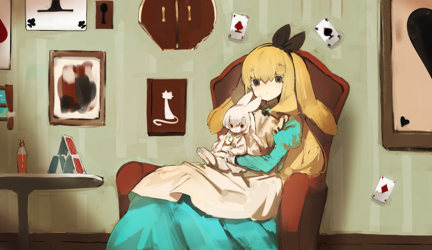 1girl absurdres alice_(alice_in_wonderland) alice_in_wonderland animal animal_ears apron bangs black_bow blonde_hair blue_dress bow brown_eyes bunny card chair clock club_(shape) commentary_request diamond_(shape) dress hair_bow heart highres holding holding_animal holding_bunny house_of_cards indoors long_hair looking_at_viewer original playing_card rabbit_girl shirokujira spade_(shape) table white_fur