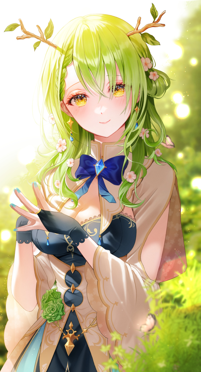 1girl antlers bangs blue_bow blue_nails blush bow braid branch breasts bridal_gauntlets bush ceres_fauna cleavage cleavage_cutout closed_mouth clothing_cutout commentary dress eyebrows_visible_through_hair eyes_visible_through_hair flower green_flower green_hair hair_between_eyes hair_flower hair_ornament highres hololive hololive_english langmal large_breasts long_hair looking_at_viewer nail_polish nature one_side_up own_hands_together smile solo standing upper_body virtual_youtuber wavy_hair white_dress white_flower yellow_eyes