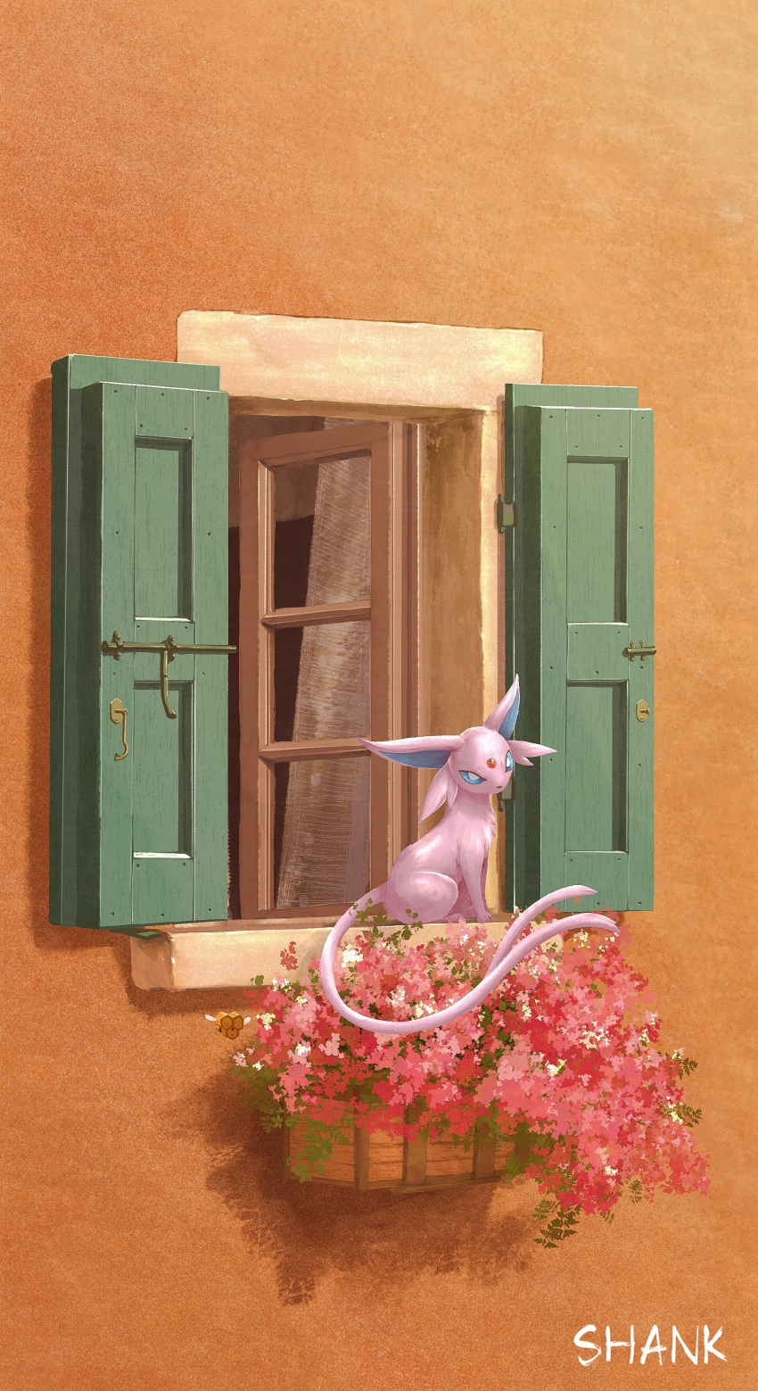 absurdres artist_name blue_eyes combee commentary espeon flower forehead_jewel forked_tail full_body highres no_humans pokemon pokemon_(creature) scenery shank signature sitting solo tail wall window